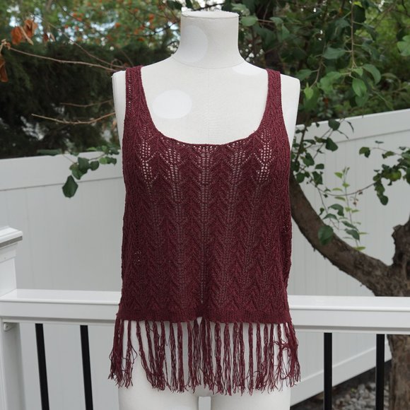 Burgundy Crop Fringed Boho-style Top - Picture 1 of 6